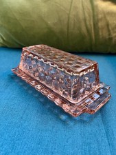 Vintage Pink Depression Glass Butter Dish W/ Lid Diamond Pattern Starburst Base picture