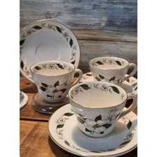 Vintage LeCot White Dogwood Flower footed cups (6) and saucers (5) picture