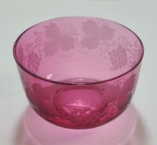 Bowl Ruby Cranberry Red Etched Grapes Leaves  Vintage MCM picture