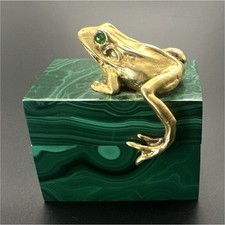 Exquisite vermeil frog emerald eyes on small Malachite brass Hinged jewelry box picture