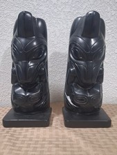 NORTHWEST COAST HAIDA CARVED ARGILLITE-LIKE TOTEM POLE ALVA REPLICA BOOKENDS picture