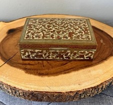 Brass Metal Rectangular Trinket Box Hinged Lid Floral Pattern Wood Interior  picture