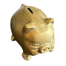Vintage Brass Pig Piggy Bank Heavy Brass Antique MCM picture