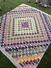 Vintage Quilt Hand Quilted 75” X 82” Trip Around The World Feedsacks OLD picture