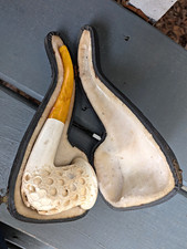 Vintage Carved Lattice Meerschaum Tobacco Pipe Amber Color Stem Fitted Case picture