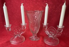 Iris & Herringbone Depression Glass 9” Vase & 2 Double Light Candle Sticks  picture