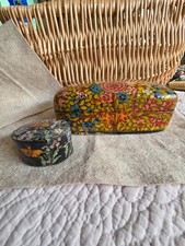 2 Vintage Handcrafted Paper Mache Floral Trinket Jewelry Boxes picture