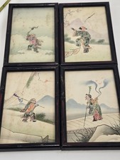 Framed Chinese Stamp Collage Art Set of 4 Early 1900s Postage Stamp Folk Art Vnt picture