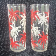 Vintage Set Of 2 Tom Collins Glasses Barware Tropical Red White Palm Trees picture