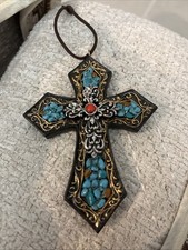 Lacy Large Simulated Turquoise Beaded Cross Pendant Or Ornament picture
