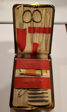 VTG 1950s Red & Brass Double Sided Compact Case DRGM Vanity Manicure Sewing Kit picture