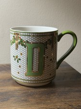 Anthropologie Monogram D Holiday Christmas mosaic Mug Green Gold Holly Berry picture