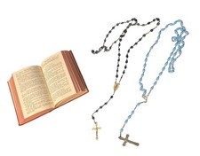 VTG Christian Catholic 3pc Lot 1940s Prayer Book & 2 Blue Rosary Necklace picture