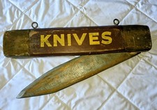 Antique Folk Art Folding Pocket Knife Trade Sign Wooden KNIVES Store Display picture
