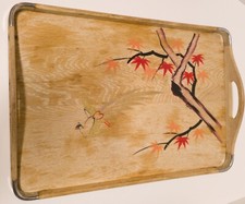VTG Serving Tray Wood Handles LG Asian Hand-painted Tree/ Leaves/Bird Metal Edge picture