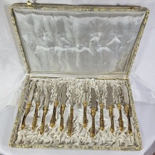 Vintage 12-Piece Damascene Fruit Knife and Fork Set, Midas of Toledo Spain, Gold picture