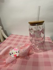 Aesthetic 3D Pink Bow Glass Cup with Bamboo Lid & Straw,16OZ Bows Glass Coffe... picture