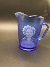 Vintage Shirley Temple Mini Blue Glass Pitcher Creamer Child Portrait picture