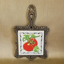Cast Iron & Ceramic Red Tomato Tile Trivet Ornate Handle Vintage picture