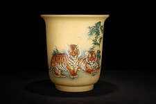 8.9in Chinese Vintage Yixing Zisha Clay Planter, Handmade Tigers Painting Bonsai picture