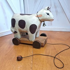 Primitive Cow Pull Toy w/String Wheels Carved Wood  Brown Spotted 7