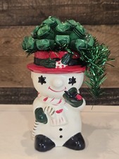 Vintage Japan Christmas Starry Eyed Snowman with Pipe Ceramic Planter HTF 1970s picture
