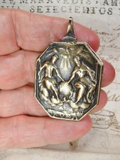 RARE SPANISH COLONIAL 7 ARCHANGELS & CATHOLIC HOLY TRINITY ANTIQUE BRONZE MEDAL picture