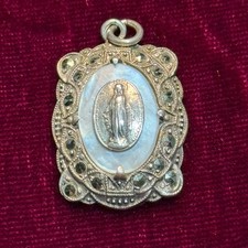 Vtg Sterling Silver Mother of Pearl Virgin Mary Pendant Medal Jewelry Germany picture