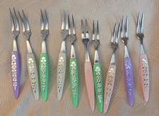 Vintage Japan MCM Appetizer Cocktail Forks Floral Handles Set of 10 picture