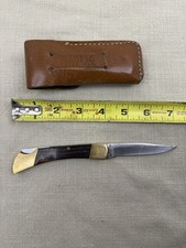 Vintage Edge Mark 11-308 Folding SS Pocket Knife With Leather Sheath picture
