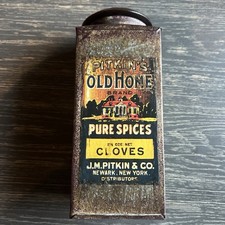 ANTIQUE VINTAGE Pitkin’s Old Home CLOVES Tin BRAND KITCHEN DECOR Printed Logo picture