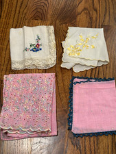 Lot of 4 Vintage Embroidered Lace Trim Floral Handkerchiefs Square Pink/White picture