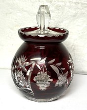 RARE Antique Art Deco Bohemian Cranberry Cut Crystal Sugar Bowl W/ Lid & Spoon picture