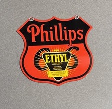VINTAGE 12” PHILLIPS ROUTE 66 ETHYL PORCELAIN SIGN CAR GAS OIL TRUCK MOTORCYCLE picture