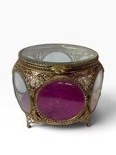 Vintage Faceted Glass Jewelry Casket Box Cranberry Velvet Gold Filigree Footed picture