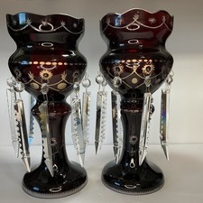Pair of Large Bohemian Ruby Overlay Glass Candle Holders w/ Prism Drops picture