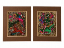Vintage 1960s Mexican Amate Bark Paintings Pair Folk Art Rabbit Bird Floral 9x12 picture