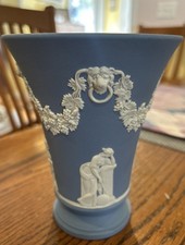 Wedgwood Blue Jasperware Trumpet Vase Lions Head, Swag, Figures 6