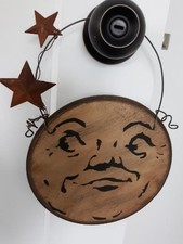 Man in Moon HALLOWEEN Wood SIGN, Primitive RUSTY Star Wire Handle *HANDMADE USA* picture