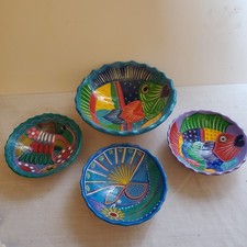 Set of 4 Vintage hand painted Guerrero mexican Pottery  Bowl  Televera Folk Art picture