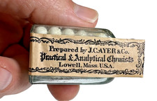 Antique 1880s AYER PILLS Lowell Massachusetts Sealed Medicine Bottle LABELED picture