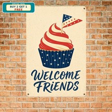 Patriotic Red White Blue Welcome Tin Sign 4th of July Metal Wall Decor picture