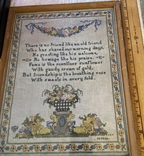 Vintage Emboidered Sampler 13”x 10” Framed 1920’s-1940’s. Colorful picture