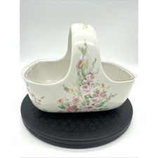 Teleflora Porcelain Basket Planter With Handle Pink Floral Design Plastic Liner picture