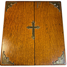Antique oak devotional chapel box brass cross applique altar set case c1900 picture