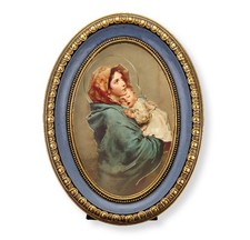 Madonna of The Streets Italian Print In Gold Leaf Blue Oval Frame 5 1/2