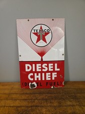 Texaco Diesel Chief Gas Station 18 x 12” Porcelain Pump Plate Sign Dated 3-9-59 picture