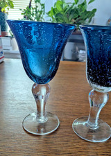 Artland Iris Blue Air Bubble Glass Goblet Hand Blown Clear Stem Set Of 2 Goblets picture