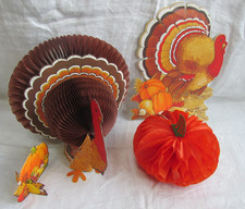 Vintage Thanksgiving Fall Holiday Turkey 2 Honeycomb & 2 Die Cut Decorations picture