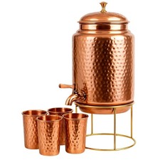 Pure Copper Hammered Water Dispenser Tank with Tap 4 Copper Tumbler picture